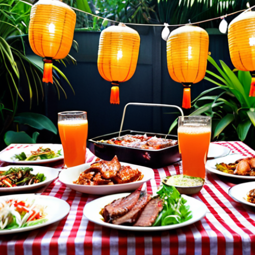 A vibrant BBQ scene in a Vietnamese garden. Focus on grilling various marinated meats (pork belly, beef, chicken) over charcoal. Fresh salads, kimchi, and garlic bread should be displayed as side dishes. Include drinks like fruit juice, iced tea with lemongrass, and cold beer. The garden is decorated with lanterns, string lights, and colorful tablecloths. People of all ages are enjoying the food and company.