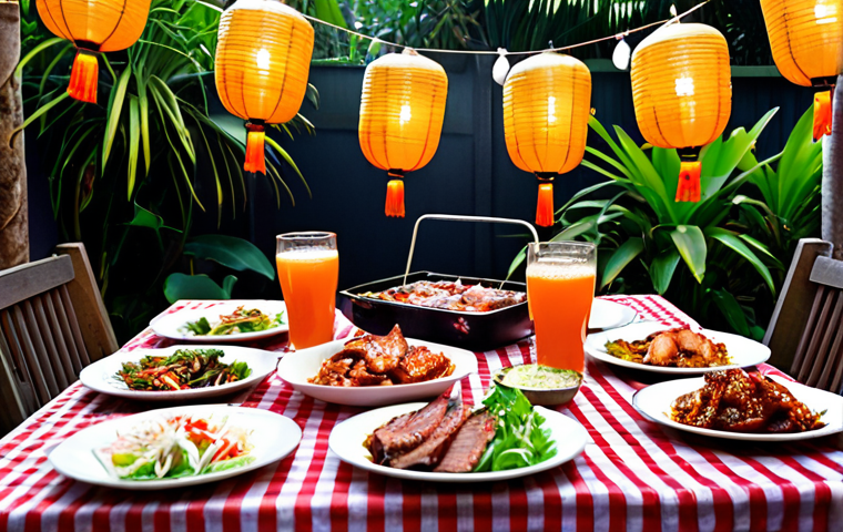 A vibrant BBQ scene in a Vietnamese garden. Focus on grilling various marinated meats (pork belly, beef, chicken) over charcoal. Fresh salads, kimchi, and garlic bread should be displayed as side dishes. Include drinks like fruit juice, iced tea with lemongrass, and cold beer. The garden is decorated with lanterns, string lights, and colorful tablecloths. People of all ages are enjoying the food and company.