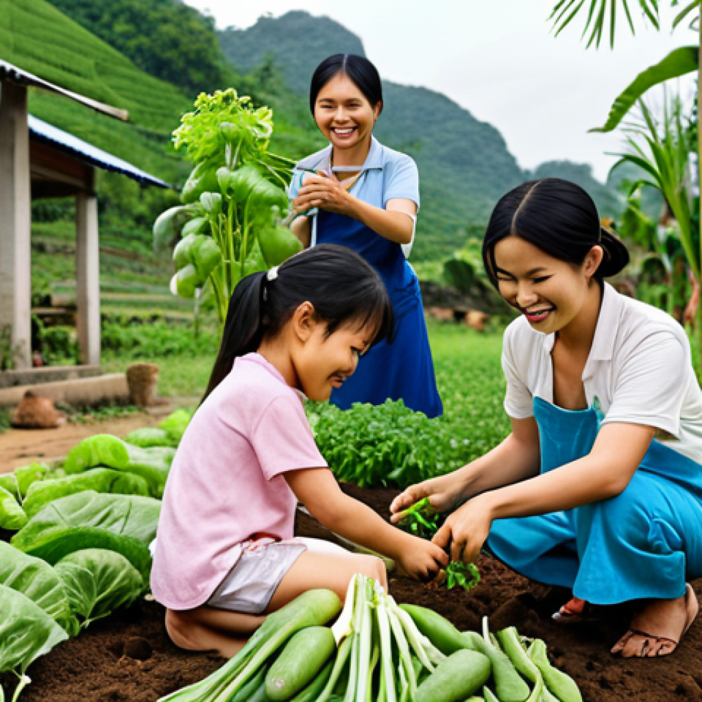 ** A Vietnamese family gardening together in a rural setting. Show them planting vegetables, smiling, and enjoying the activity. Focus on family bonding and connection with nature.

**