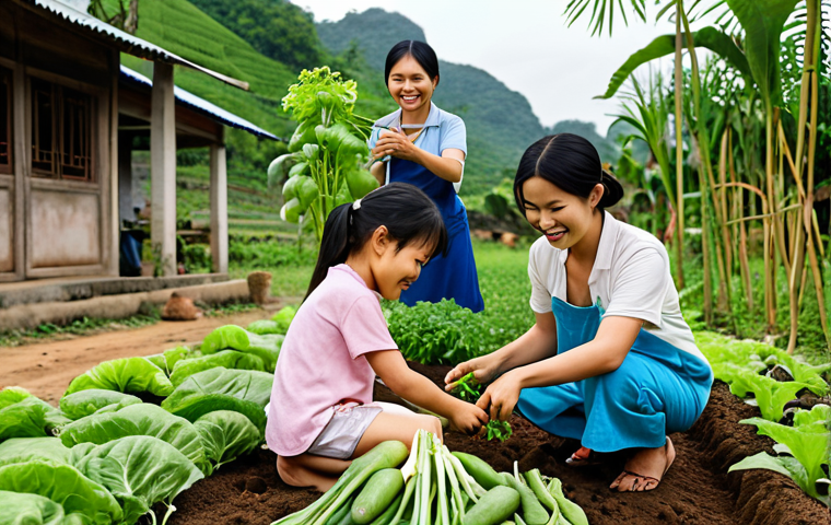 ** A Vietnamese family gardening together in a rural setting. Show them planting vegetables, smiling, and enjoying the activity. Focus on family bonding and connection with nature.
**